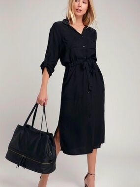 Lush Brewer Black Midi Shirt Dress | Large | Collared Button Front